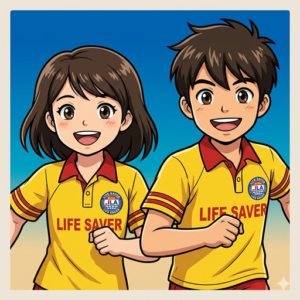 ジュニア教室の家族専用アプリのアイコン(ライフセーバーのシャツを着た2人の子どものイラスト)