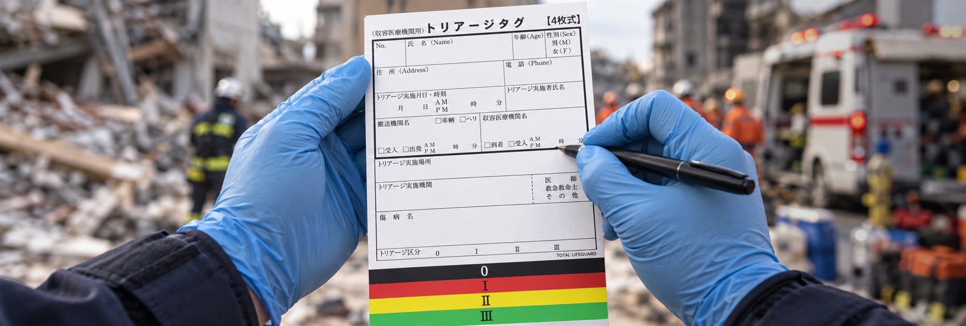 災害現場でトリアージタグ(4枚式・収容医療機関用)に記入する手元