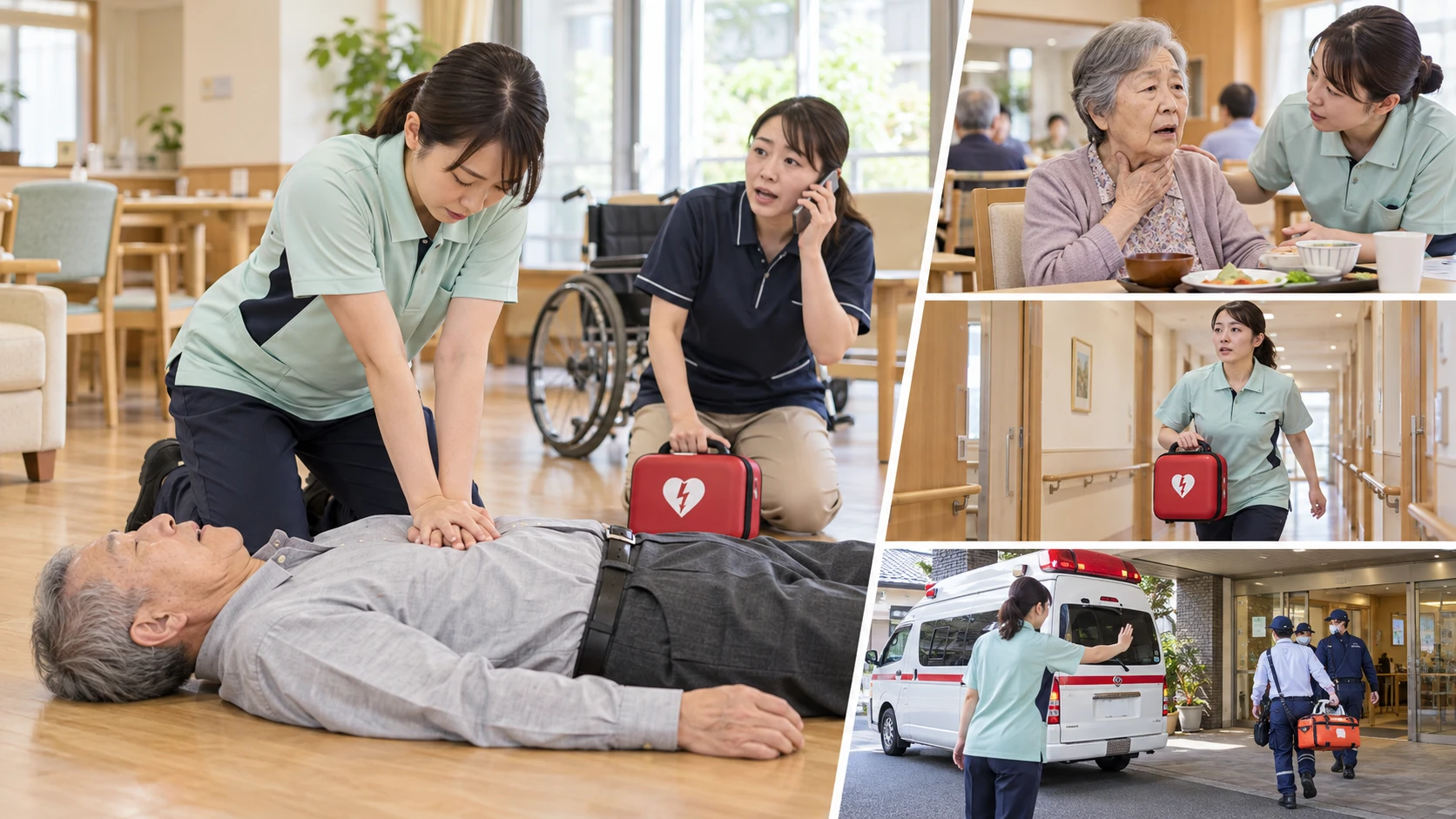 介護施設で、床に倒れた高齢の男性に胸骨圧迫を行う職員とAEDを持って電話する職員、食事中にのどを押さえる高齢の女性に寄り添う職員、AEDを持って廊下を走る職員、施設の玄関に着いた救急隊(イメージ)