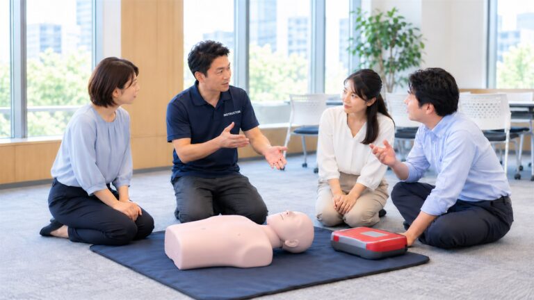会社の研修室で、講師が訓練人形とAEDトレーナーを前に、社員に役割分担を説明している様子（研修イメージ）